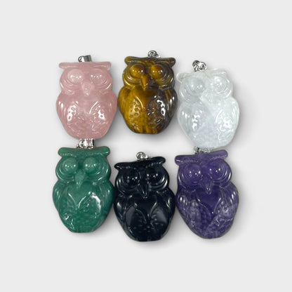 Owl, Carved Gemstone Pendants, 23x30mm (1pc)