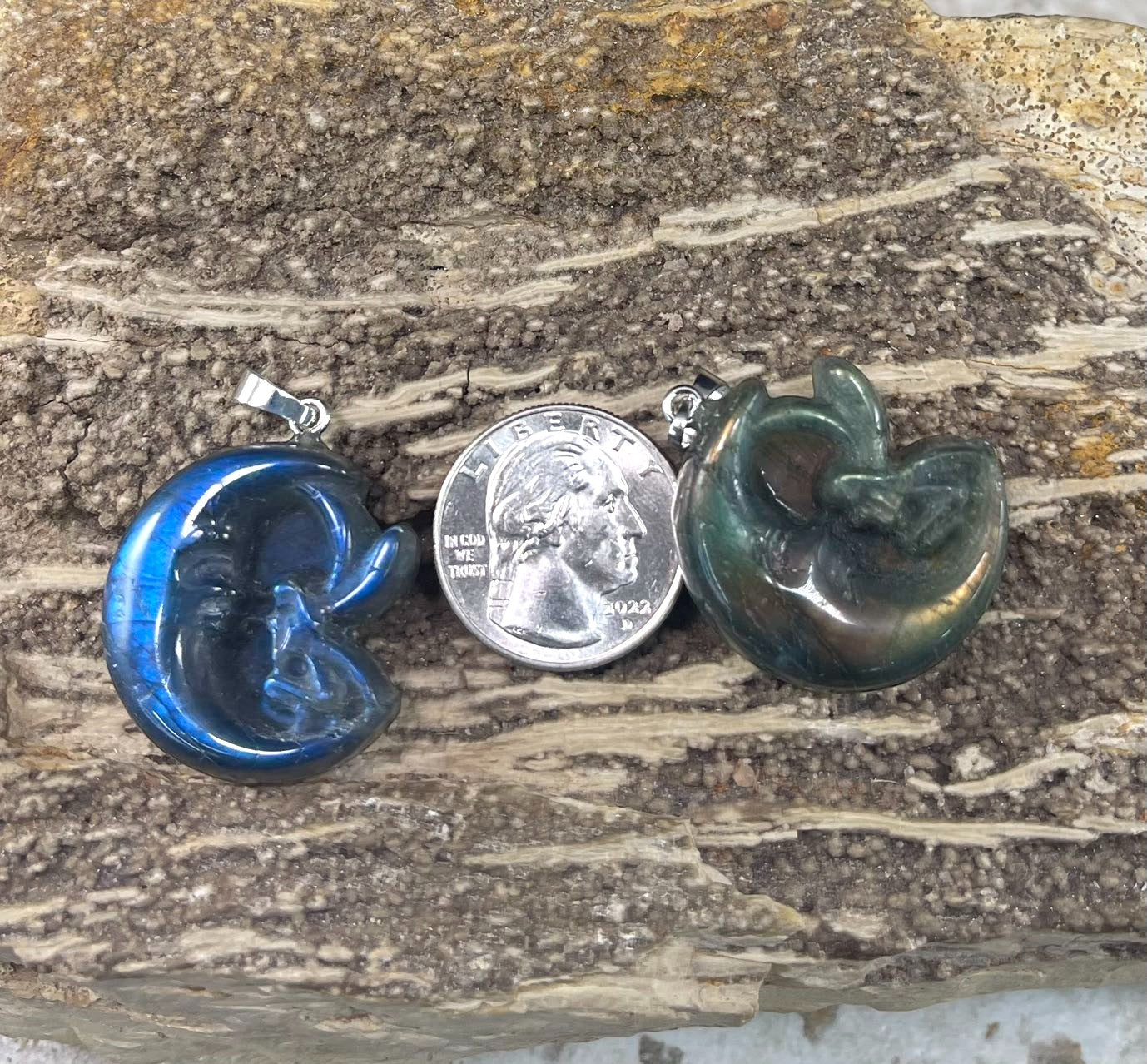 Labradorite, Crescent Moon w/ Face & Fairy, Pendant, 28x29mm (1pc)