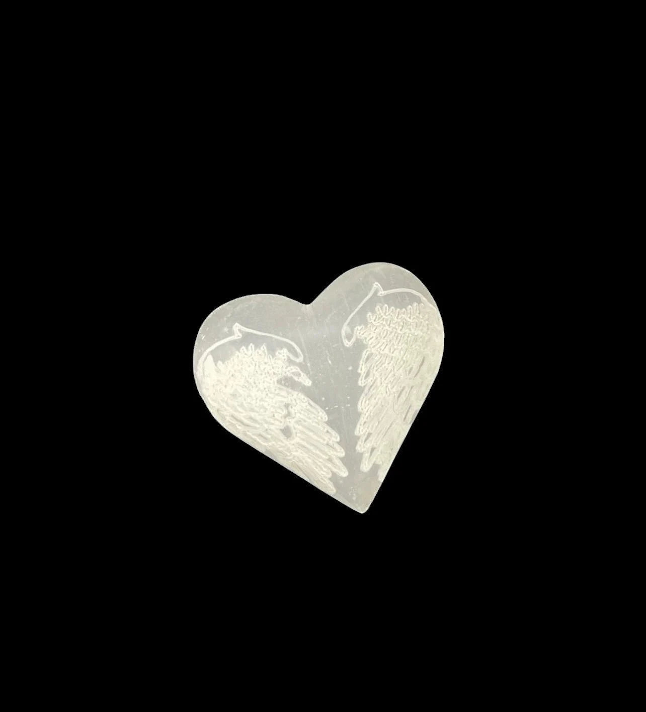 Selenite Heart, Palm w/ Wings Engraved, 6-7cm x 6-7cm (1pc)