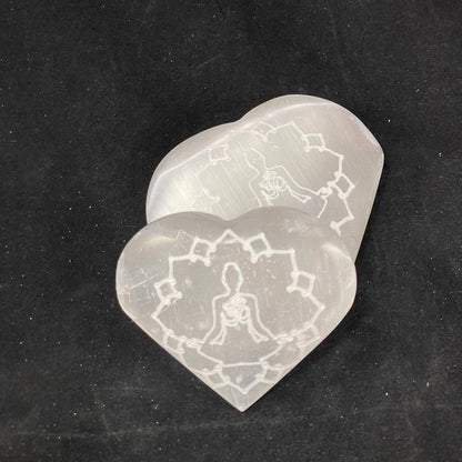 Selenite, Heart Palm w/ Yoga Engraved, 6-7cm x 7-8.5cm (1pc)