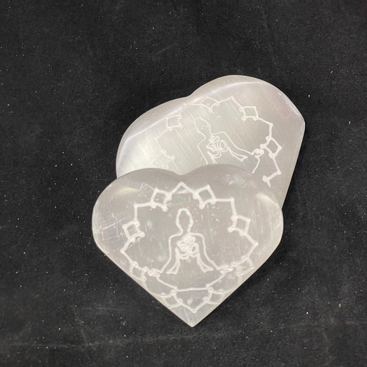 Selenite, Heart Palm w/ Yoga Engraved, 6-7cm x 7-8.5cm (1pc)