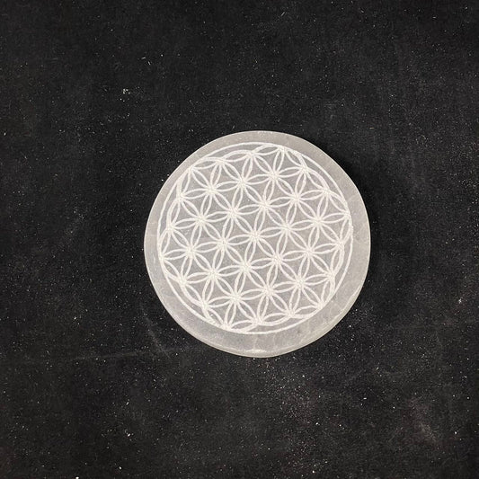 Selenite Round w/ Flower of Life Engraved Charging Plate 2.75in/7cm (1pc)